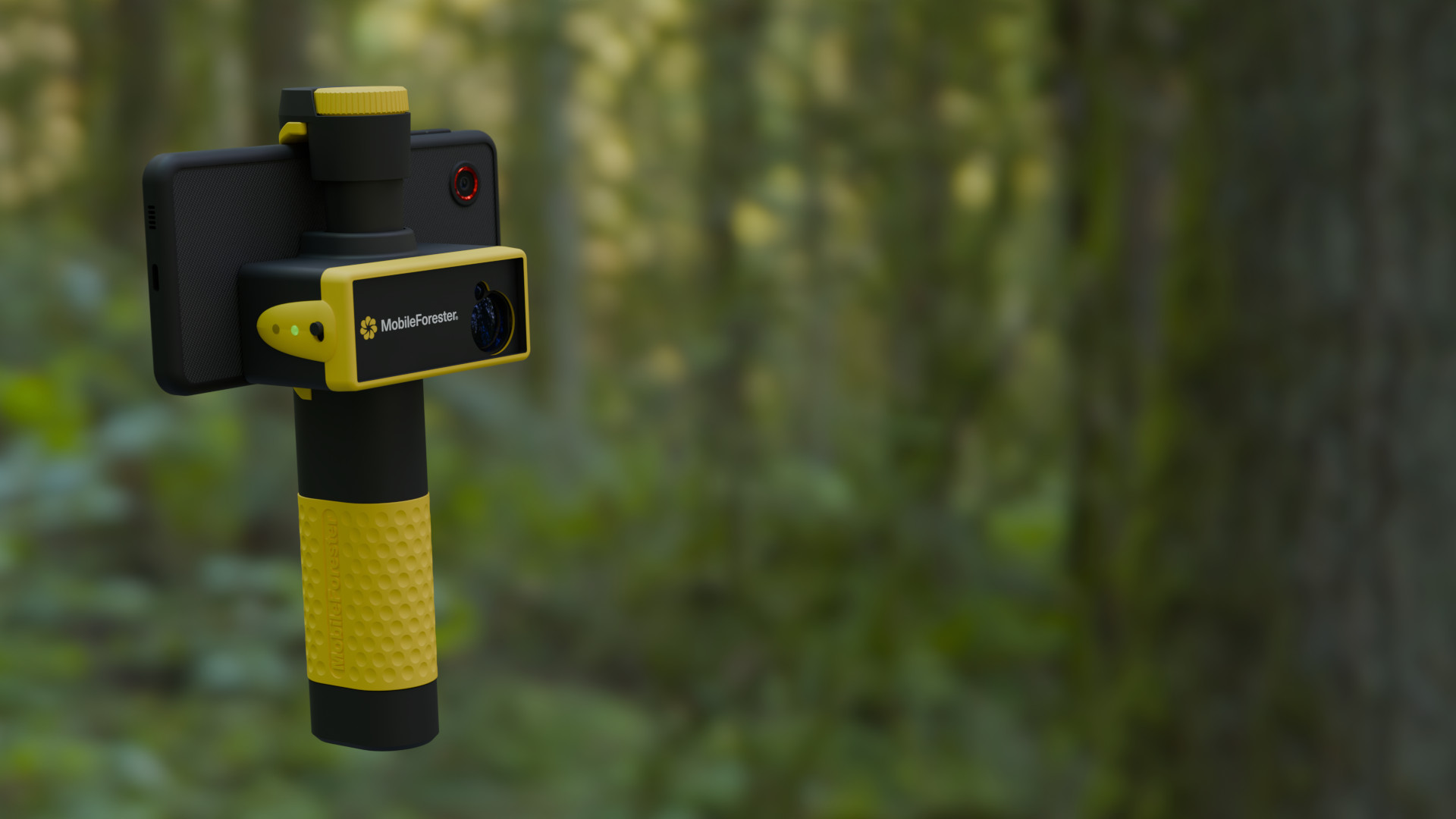 Full-screen image showing MobileForester device in a forest scene.
